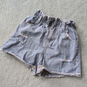 High-Waist Paperbag Denim Shorts - Light Blue US Size 2